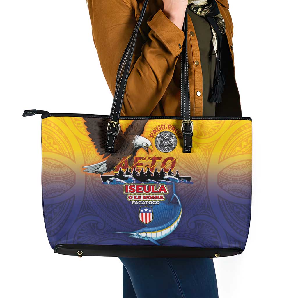 American Samoa Fautasi Leather Tote Bag Bald Eage and Sailfish with Kakau Motifs LT03 - Polynesian Pride