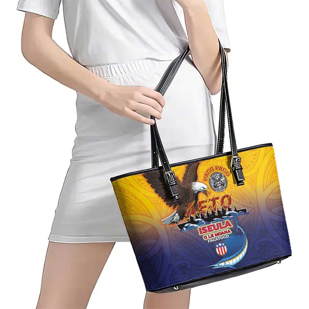 American Samoa Fautasi Leather Tote Bag Bald Eage and Sailfish with Kakau Motifs LT03 - Polynesian Pride