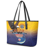 American Samoa Fautasi Leather Tote Bag Bald Eage and Sailfish with Kakau Motifs LT03 - Polynesian Pride