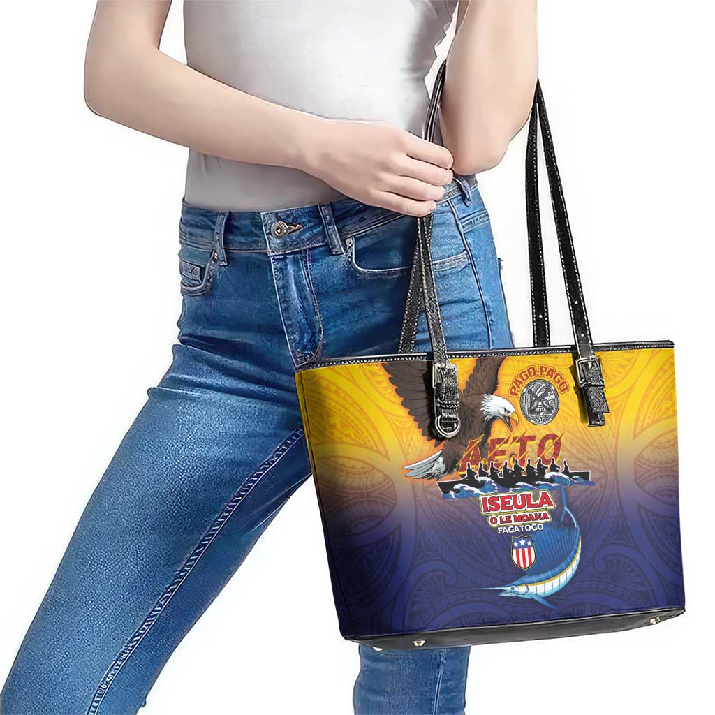 American Samoa Fautasi Leather Tote Bag Bald Eage and Sailfish with Kakau Motifs LT03 - Polynesian Pride