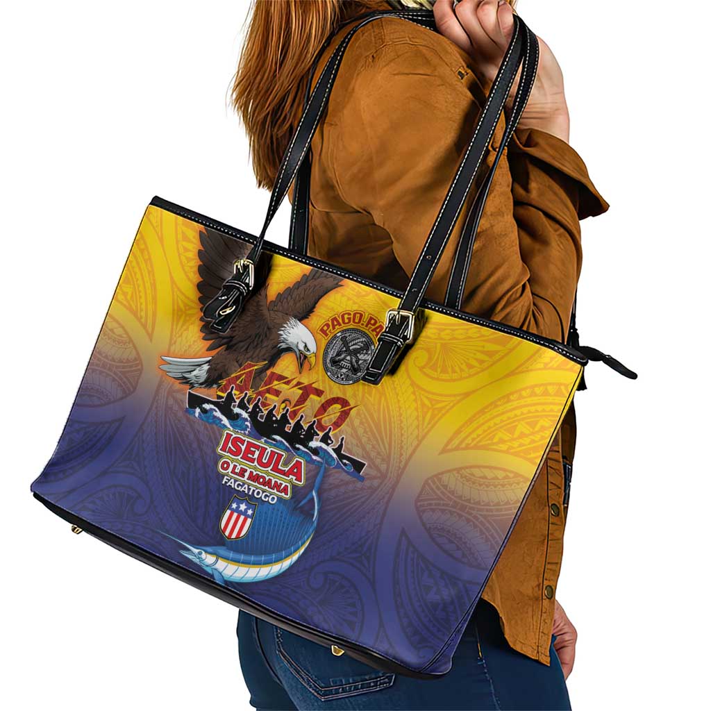 American Samoa Fautasi Leather Tote Bag Bald Eage and Sailfish with Kakau Motifs LT03 - Polynesian Pride