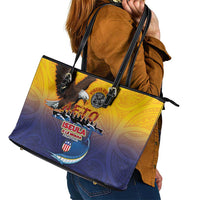 American Samoa Fautasi Leather Tote Bag Bald Eage and Sailfish with Kakau Motifs LT03 - Polynesian Pride