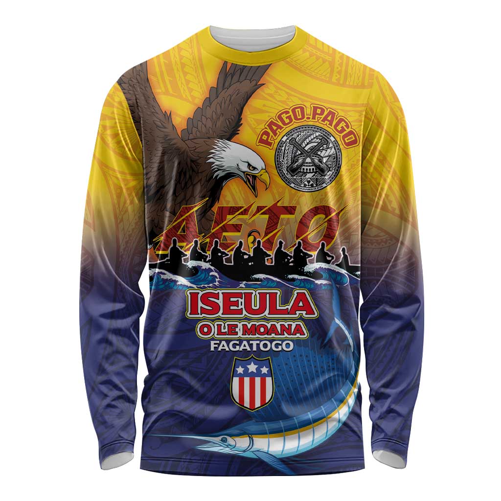 American Samoa Fautasi Long Sleeve Shirt Bald Eage and Sailfish with Kakau Motifs LT03 Unisex Yellow - Polynesian Pride