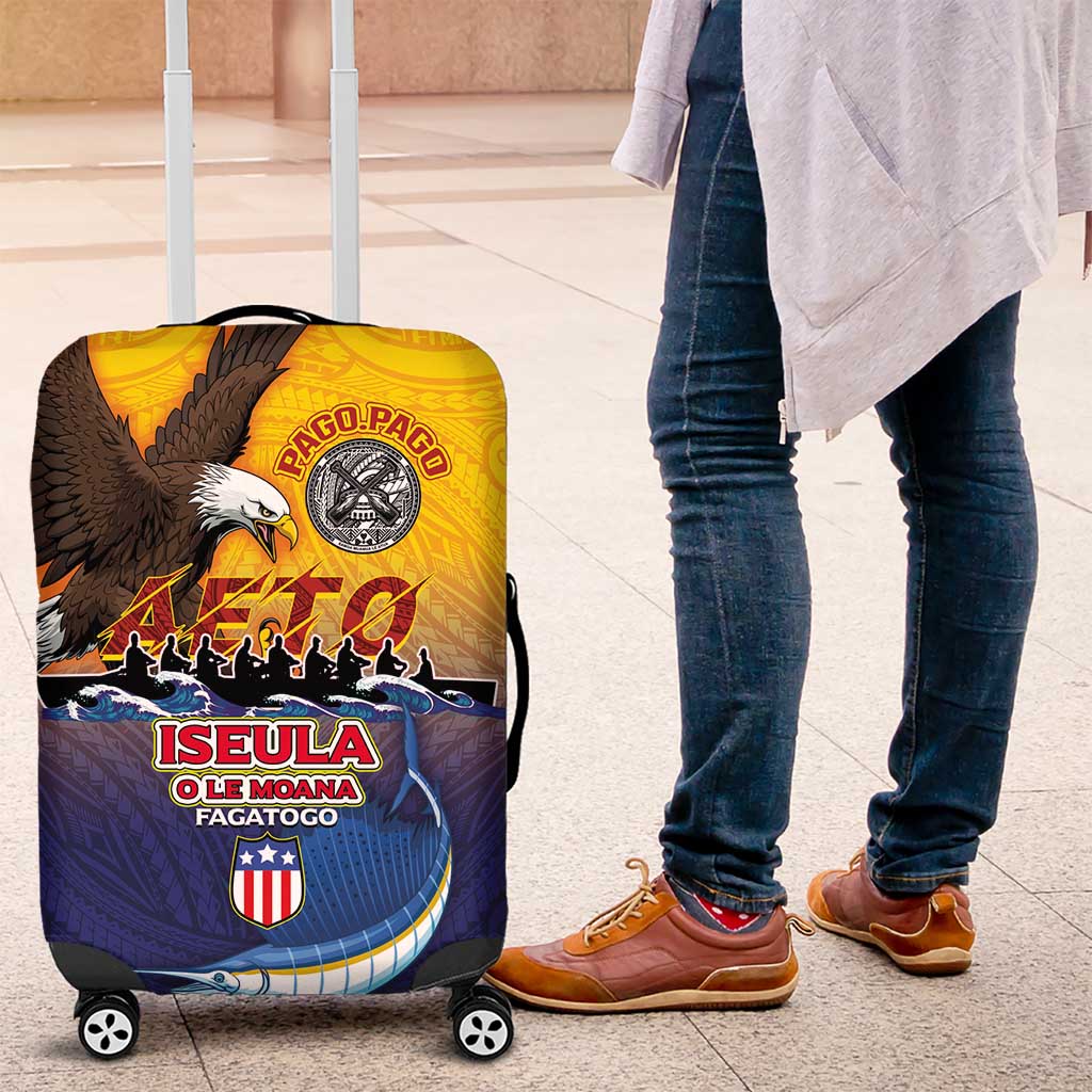 American Samoa Fautasi Luggage Cover Bald Eage and Sailfish with Kakau Motifs LT03 Yellow - Polynesian Pride