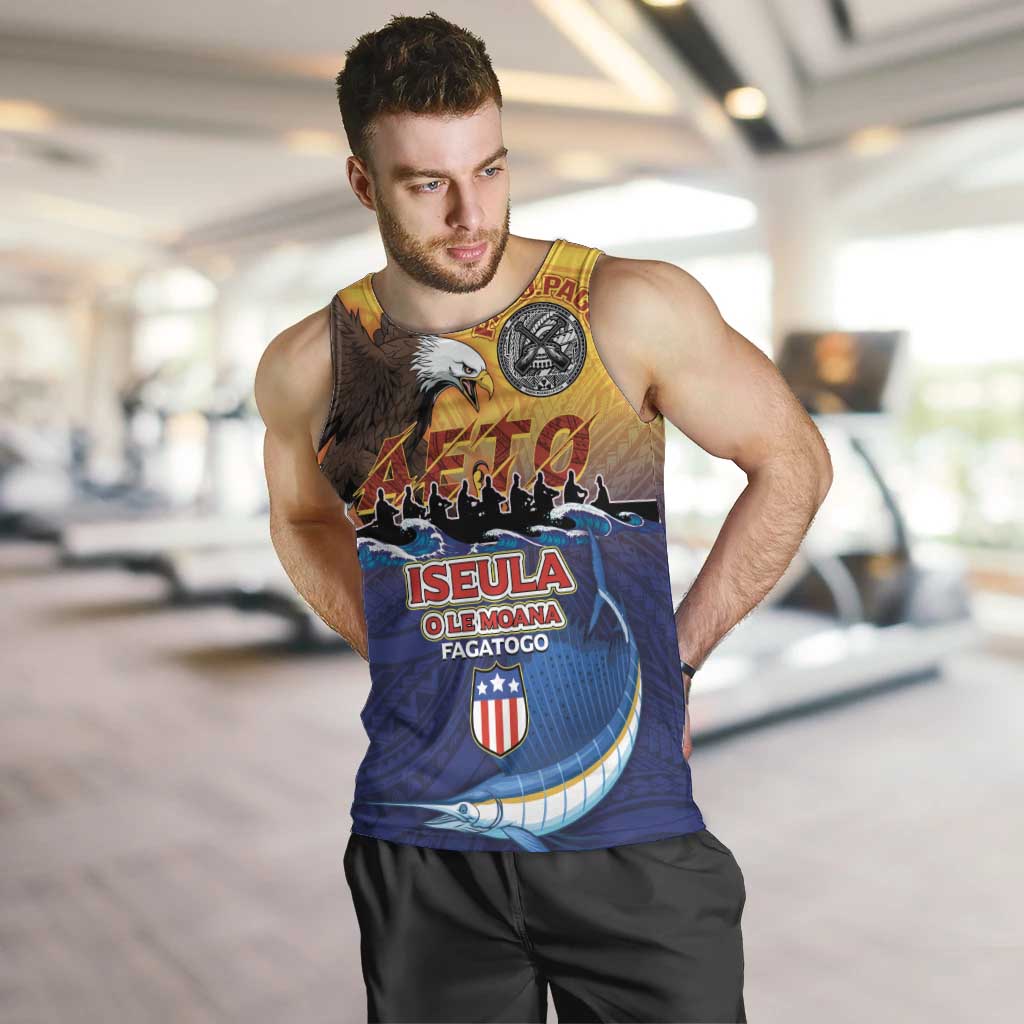 American Samoa Fautasi Men Tank Top Bald Eage and Sailfish with Kakau Motifs - Polynesian Pride