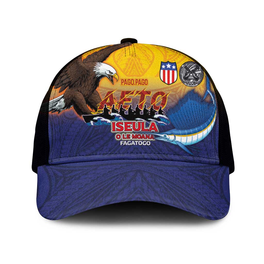 American Samoa Fautasi Mesh Trucker Cap Bald Eage and Sailfish with Kakau Motifs - Polynesian Pride