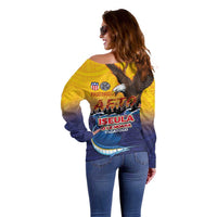American Samoa Fautasi Off Shoulder Sweater Bald Eage and Sailfish with Kakau Motifs - Polynesian Pride