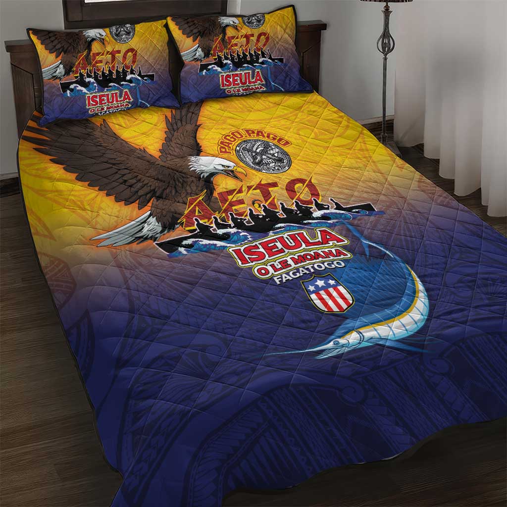 American Samoa Fautasi Quilt Bed Set Bald Eage and Sailfish with Kakau Motifs LT03 Yellow - Polynesian Pride