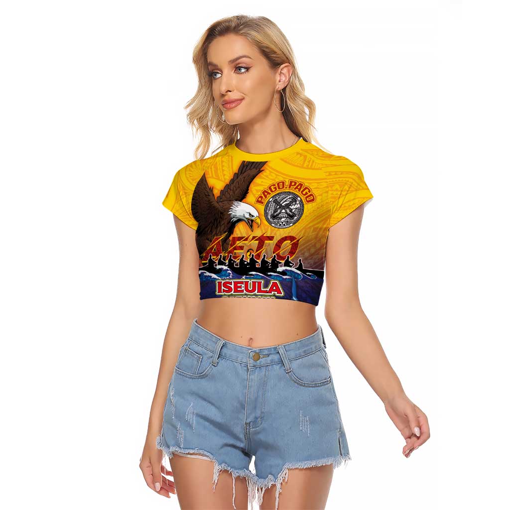 American Samoa Fautasi Raglan Cropped T Shirt Bald Eage and Sailfish with Kakau Motifs LT03 Female Yellow - Polynesian Pride