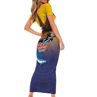 American Samoa Fautasi Short Sleeve Bodycon Dress Bald Eage and Sailfish with Kakau Motifs - Polynesian Pride