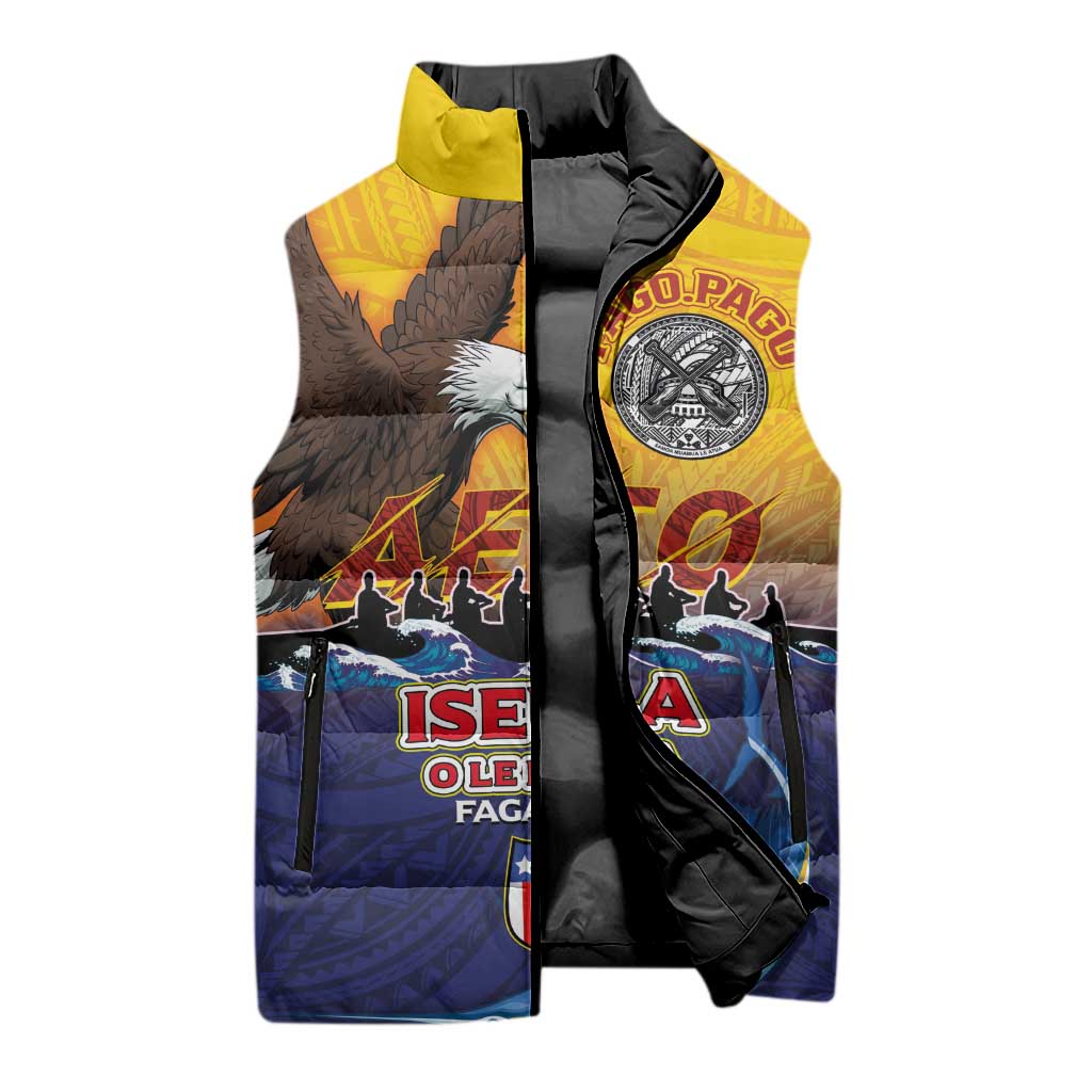 American Samoa Fautasi Sleeveless Puffer Jacket Bald Eage and Sailfish with Kakau Motifs - Polynesian Pride