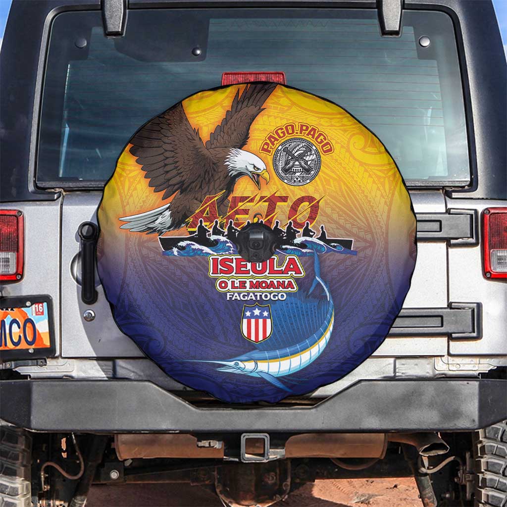 American Samoa Fautasi Spare Tire Cover Bald Eage and Sailfish with Kakau Motifs LT03 Yellow - Polynesian Pride