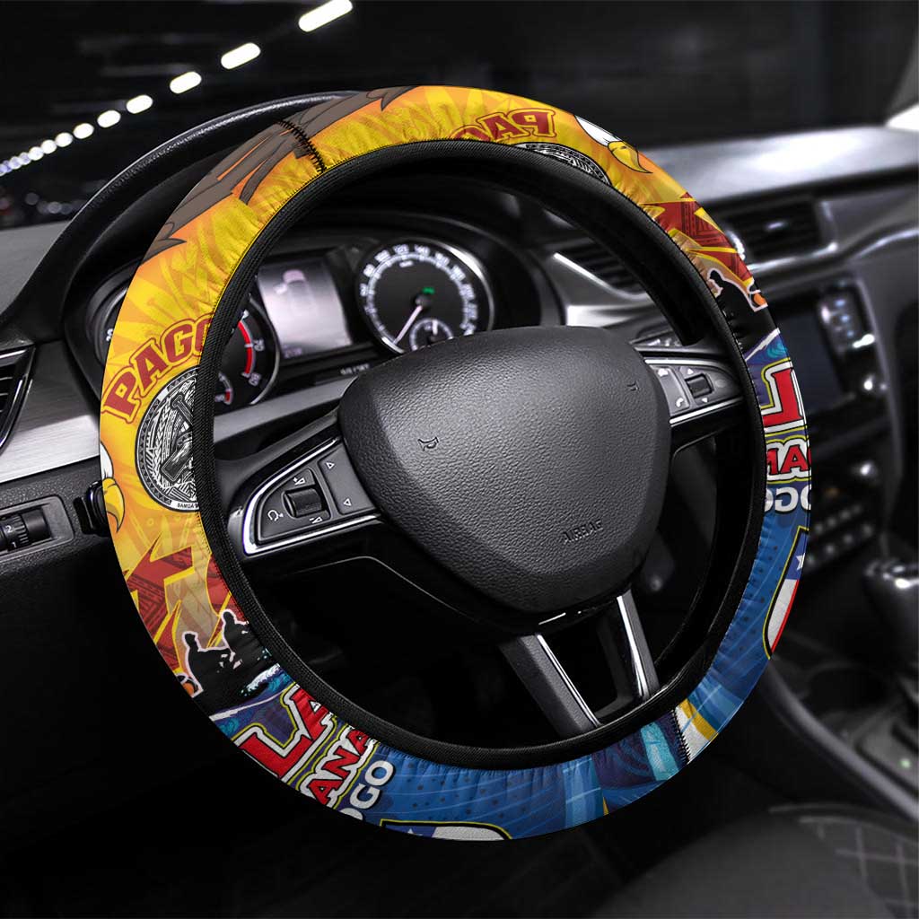 American Samoa Fautasi Steering Wheel Cover Bald Eage and Sailfish with Kakau Motifs LT03 Universal Fit Yellow - Polynesian Pride