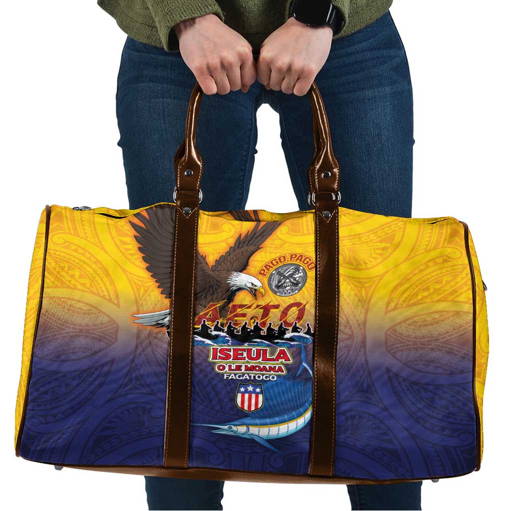 American Samoa Fautasi Travel Bag Bald Eage and Sailfish with Kakau Motifs LT03 Yellow - Polynesian Pride