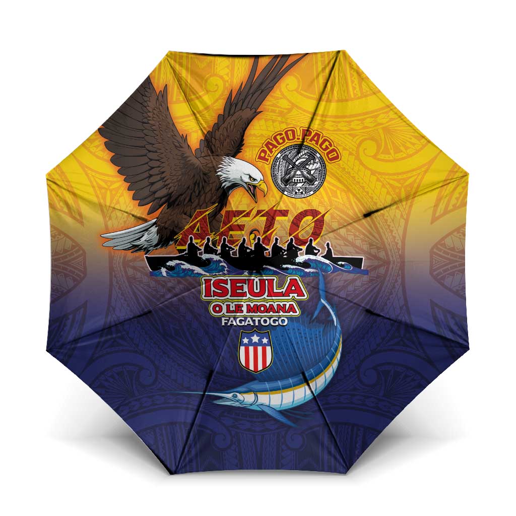 American Samoa Fautasi Umbrella Bald Eage and Sailfish with Kakau Motifs LT03 One Size Folded 11.42 inch Opened Diameter 37.4 inch Yellow - Polynesian Pride