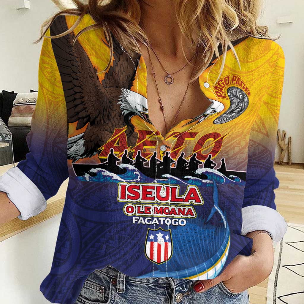 American Samoa Fautasi Women Casual Shirt Bald Eage and Sailfish with Kakau Motifs - Polynesian Pride