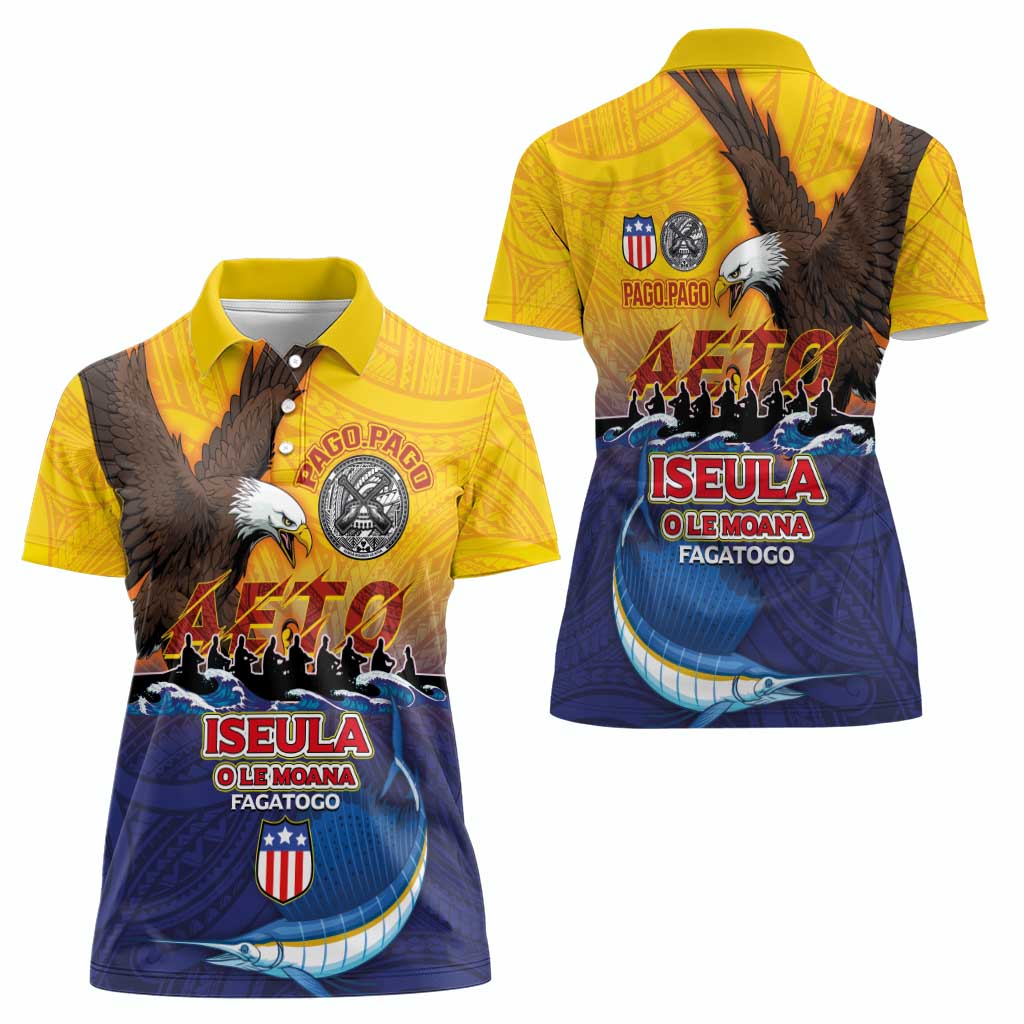 American Samoa Fautasi Women Polo Shirt Bald Eage and Sailfish with Kakau Motifs - Polynesian Pride
