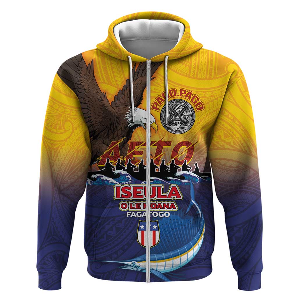 American Samoa Fautasi Zip Hoodie Bald Eage and Sailfish with Kakau Motifs LT03 Zip Hoodie Yellow - Polynesian Pride