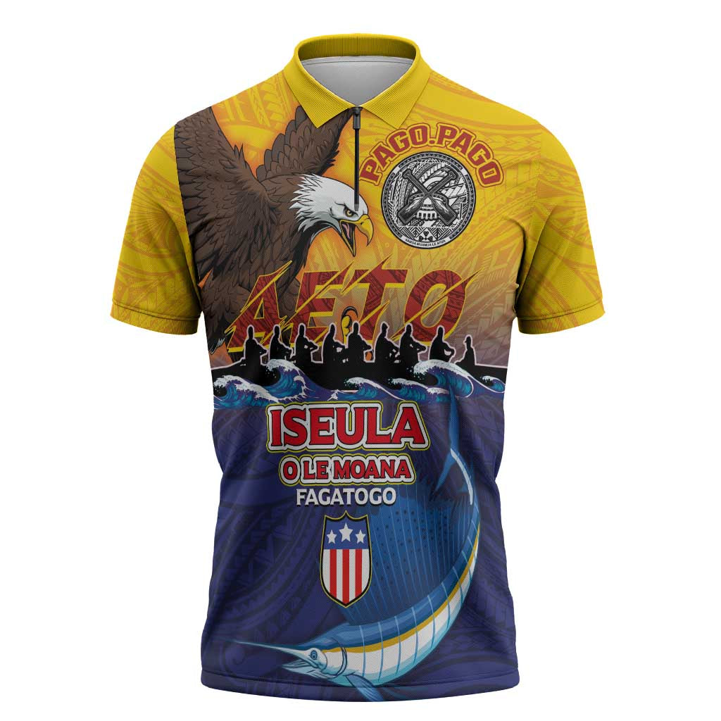 American Samoa Fautasi Zipper Polo Shirt Bald Eage and Sailfish with Kakau Motifs - Polynesian Pride