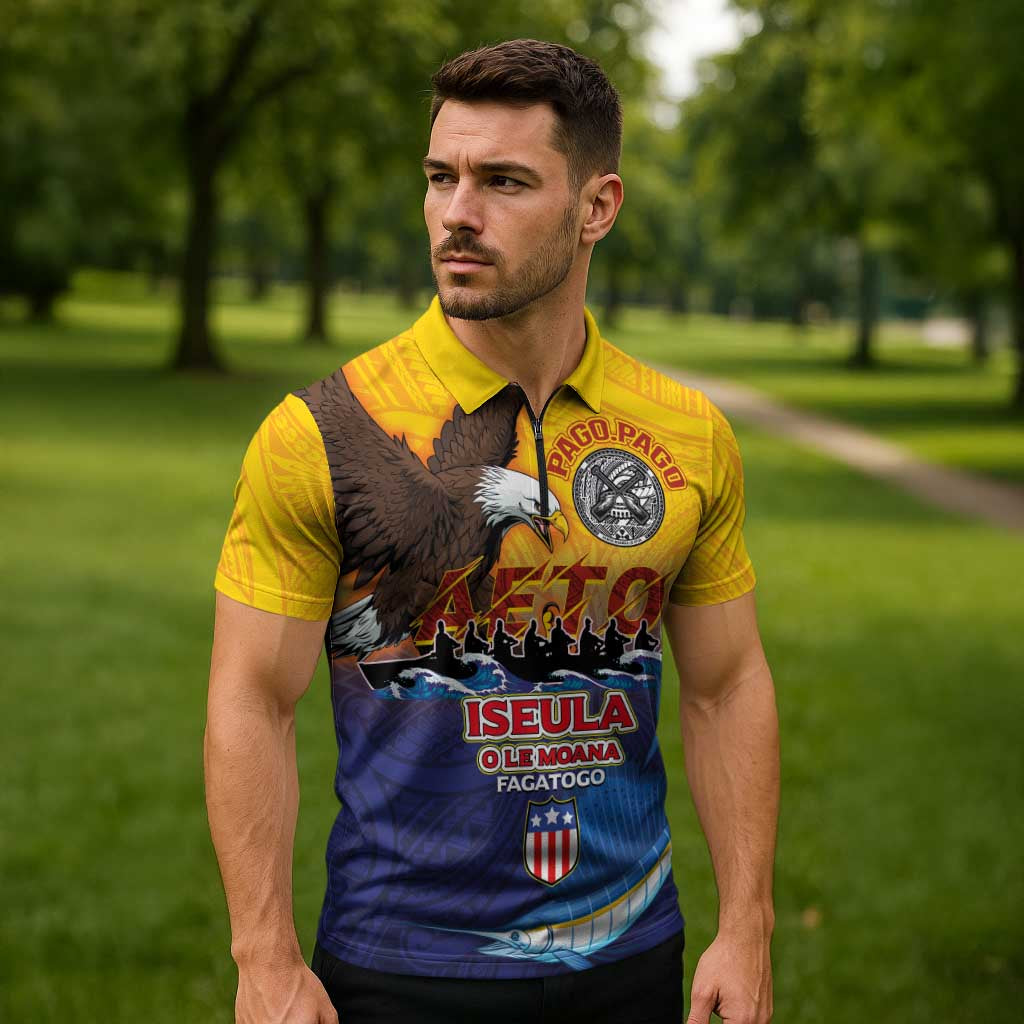 American Samoa Fautasi Zipper Polo Shirt Bald Eage and Sailfish with Kakau Motifs - Polynesian Pride