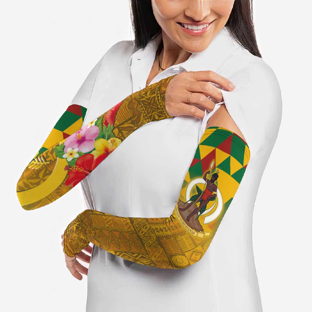 Melanesian Vanuatu Arm Sleeves With Tapa Tribal Pattern and Triangle Geometric Tricolor - Polynesian Pride