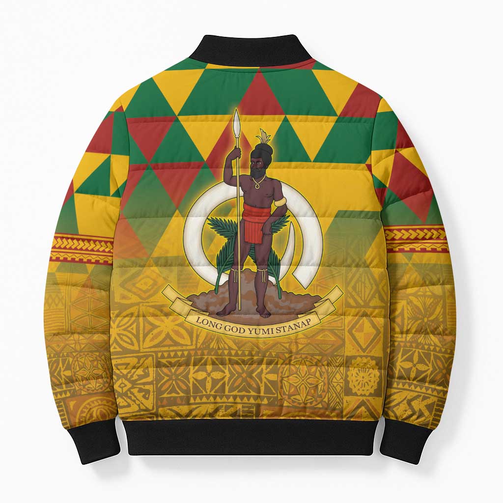 Melanesian Vanuatu Bomber Puffer Jacket With Tapa Tribal Pattern and Triangle Geometric Tricolor - Polynesian Pride