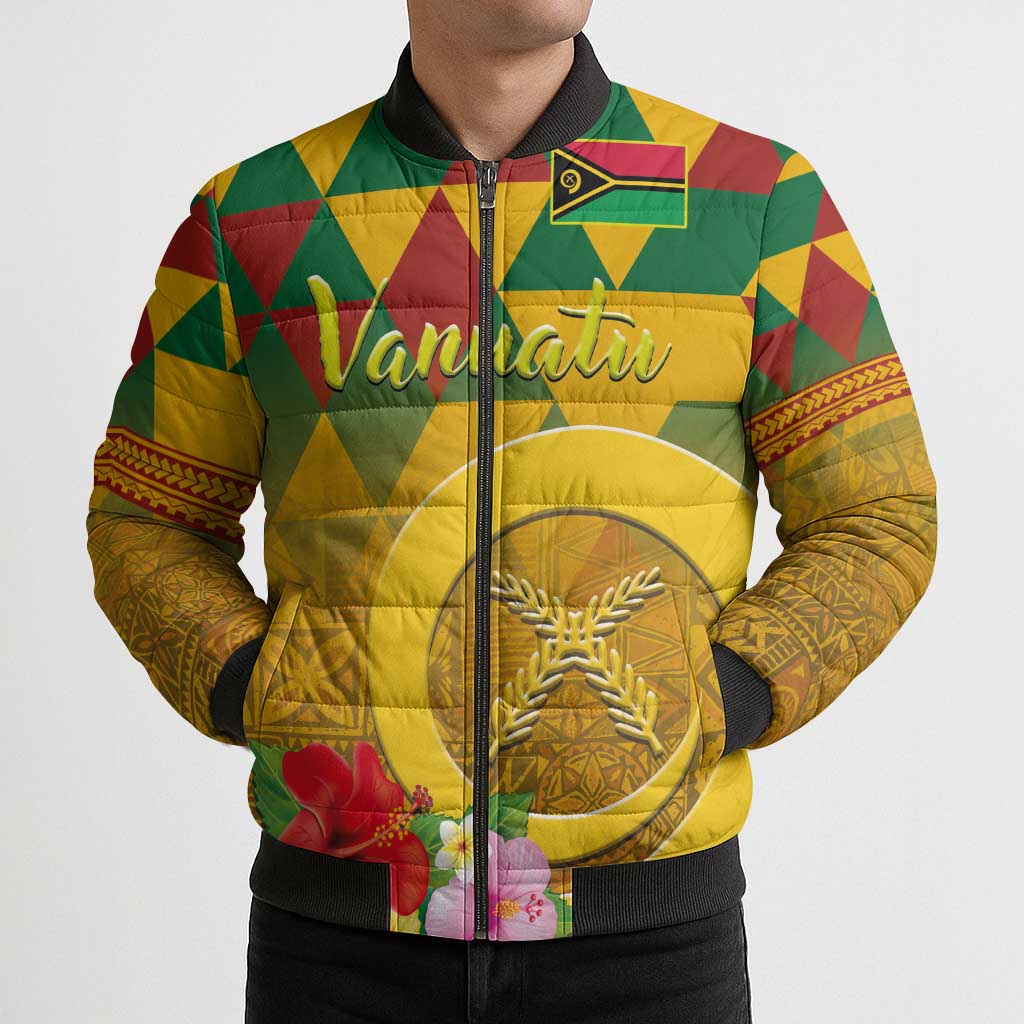 Melanesian Vanuatu Bomber Puffer Jacket With Tapa Tribal Pattern and Triangle Geometric Tricolor - Polynesian Pride