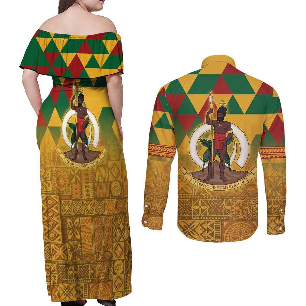 Melanesian Vanuatu Couples Matching Off Shoulder Maxi Dress and Long Sleeve Button Shirt With Tapa Tribal Pattern and Triangle Geometric Tricolor - Polynesian Pride