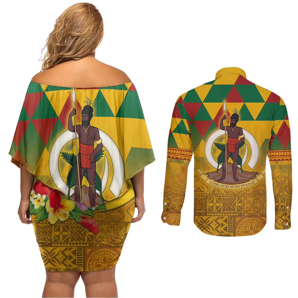 Melanesian Vanuatu Couples Matching Off Shoulder Short Dress and Long Sleeve Button Shirt With Tapa Tribal Pattern and Triangle Geometric Tricolor - Polynesian Pride