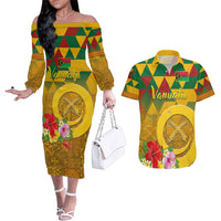 Melanesian Vanuatu Couples Matching Off The Shoulder Long Sleeve Dress and Hawaiian Shirt With Tapa Tribal Pattern and Triangle Geometric Tricolor - Polynesian Pride