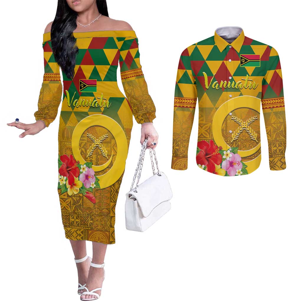 Melanesian Vanuatu Couples Matching Off The Shoulder Long Sleeve Dress and Long Sleeve Button Shirt With Tapa Tribal Pattern and Triangle Geometric Tricolor - Polynesian Pride