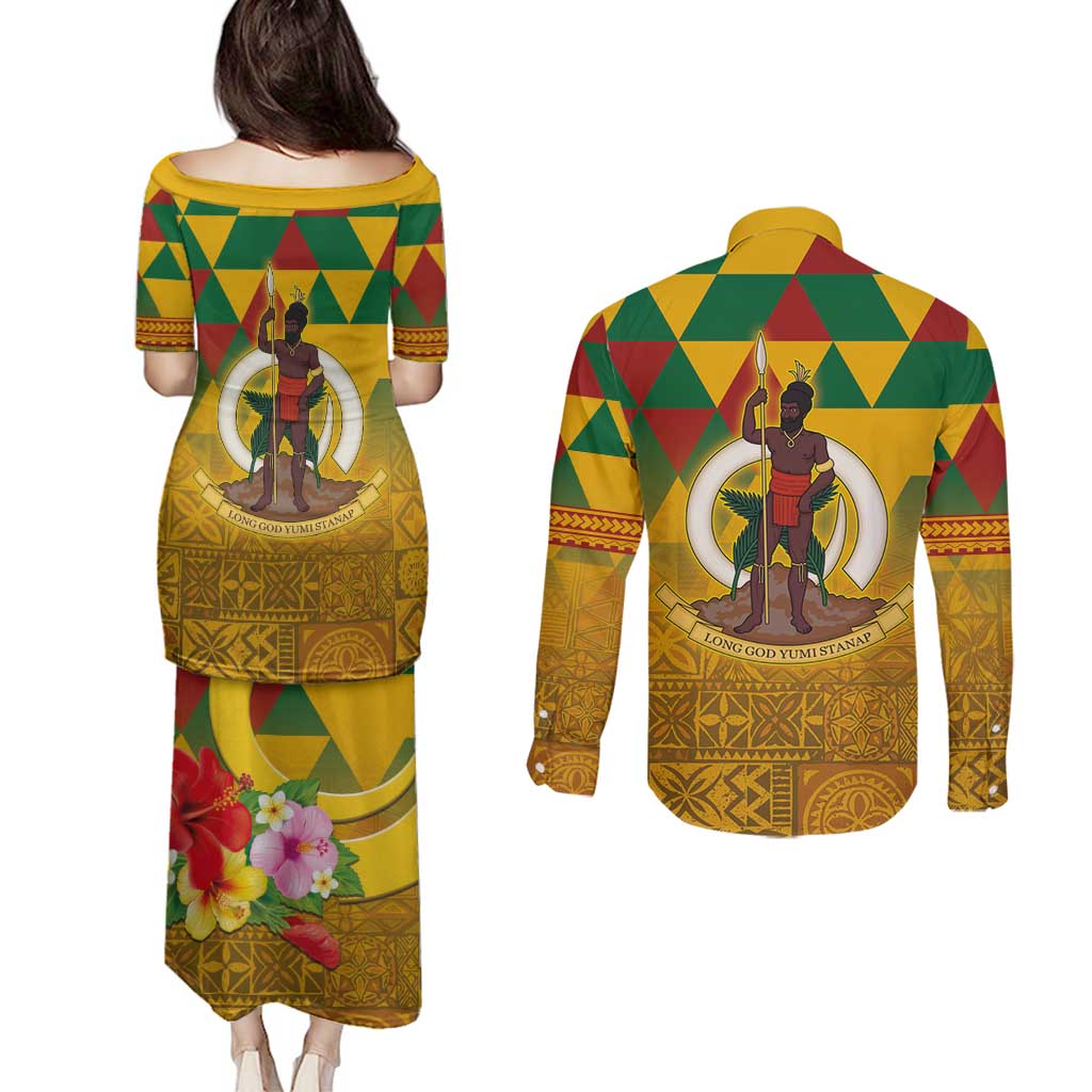 Melanesian Vanuatu Couples Matching Puletasi and Long Sleeve Button Shirt With Tapa Tribal Pattern and Triangle Geometric Tricolor - Polynesian Pride