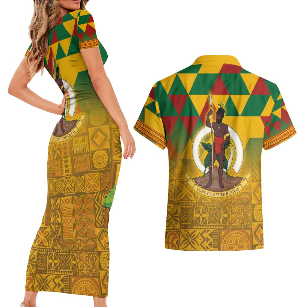 Melanesian Vanuatu Couples Matching Short Sleeve Bodycon Dress and Hawaiian Shirt With Tapa Tribal Pattern and Triangle Geometric Tricolor - Polynesian Pride