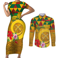 Melanesian Vanuatu Couples Matching Short Sleeve Bodycon Dress and Long Sleeve Button Shirt With Tapa Tribal Pattern and Triangle Geometric Tricolor - Polynesian Pride