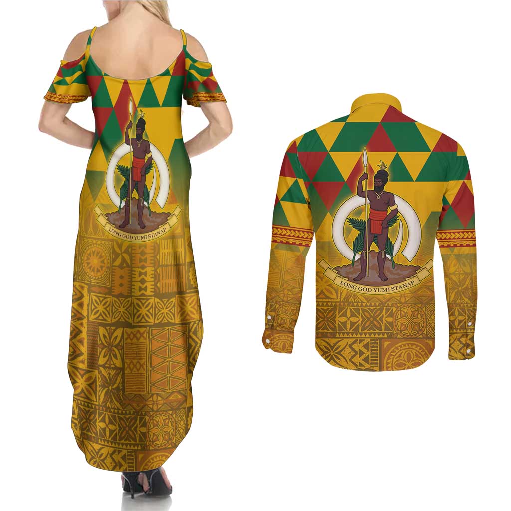Melanesian Vanuatu Couples Matching Summer Maxi Dress and Long Sleeve Button Shirt With Tapa Tribal Pattern and Triangle Geometric Tricolor - Polynesian Pride