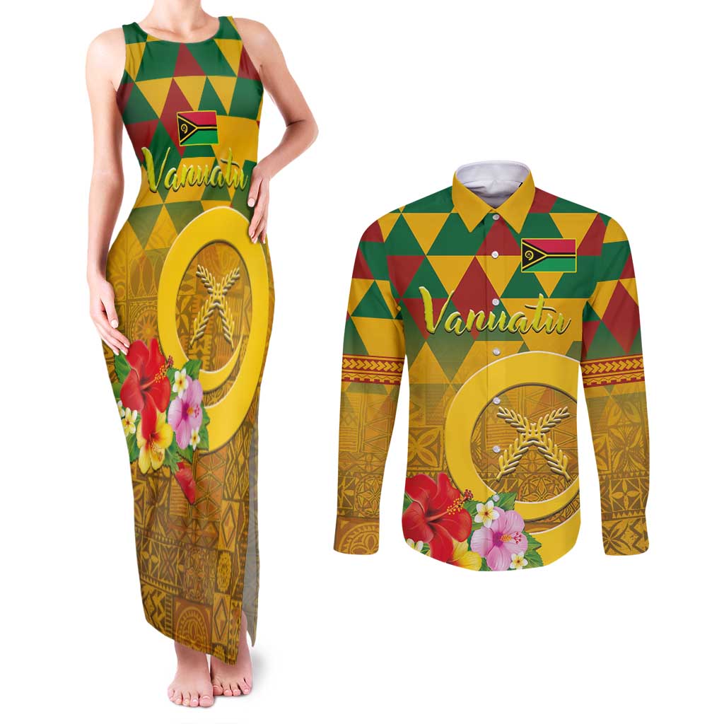 Melanesian Vanuatu Couples Matching Tank Maxi Dress and Long Sleeve Button Shirt With Tapa Tribal Pattern and Triangle Geometric Tricolor - Polynesian Pride