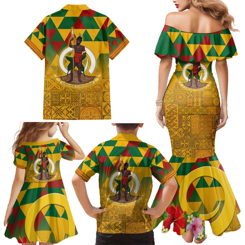 Melanesian Vanuatu Family Matching Mermaid Dress and Hawaiian Shirt With Tapa Tribal Pattern and Triangle Geometric Tricolor - Polynesian Pride