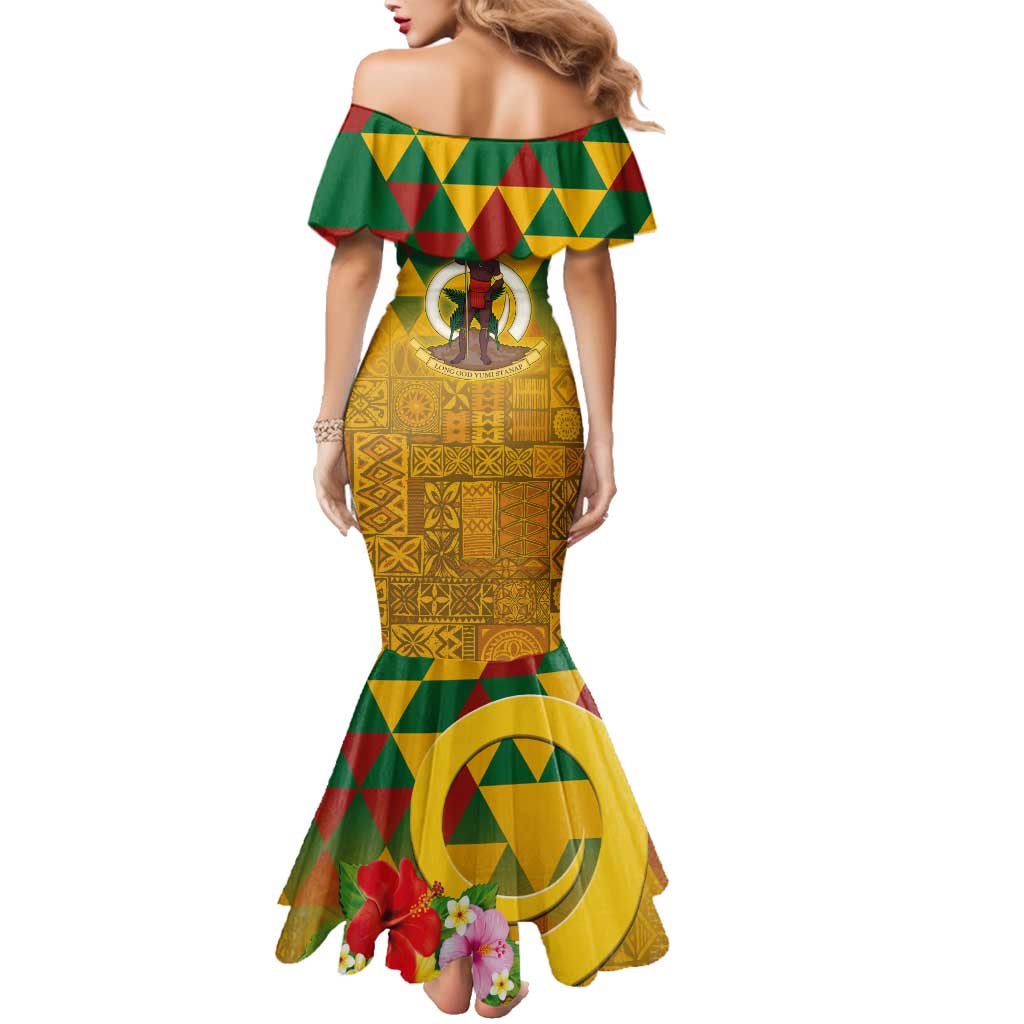 Melanesian Vanuatu Family Matching Mermaid Dress and Hawaiian Shirt With Tapa Tribal Pattern and Triangle Geometric Tricolor - Polynesian Pride