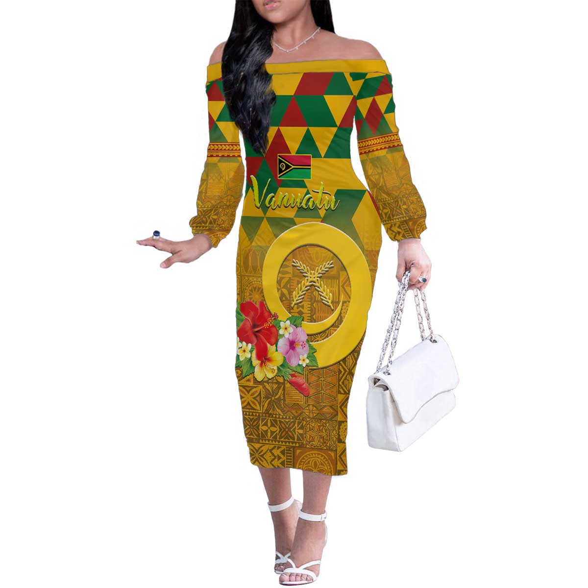 Melanesian Vanuatu Family Matching Off The Shoulder Long Sleeve Dress and Hawaiian Shirt With Tapa Tribal Pattern and Triangle Geometric Tricolor - Polynesian Pride