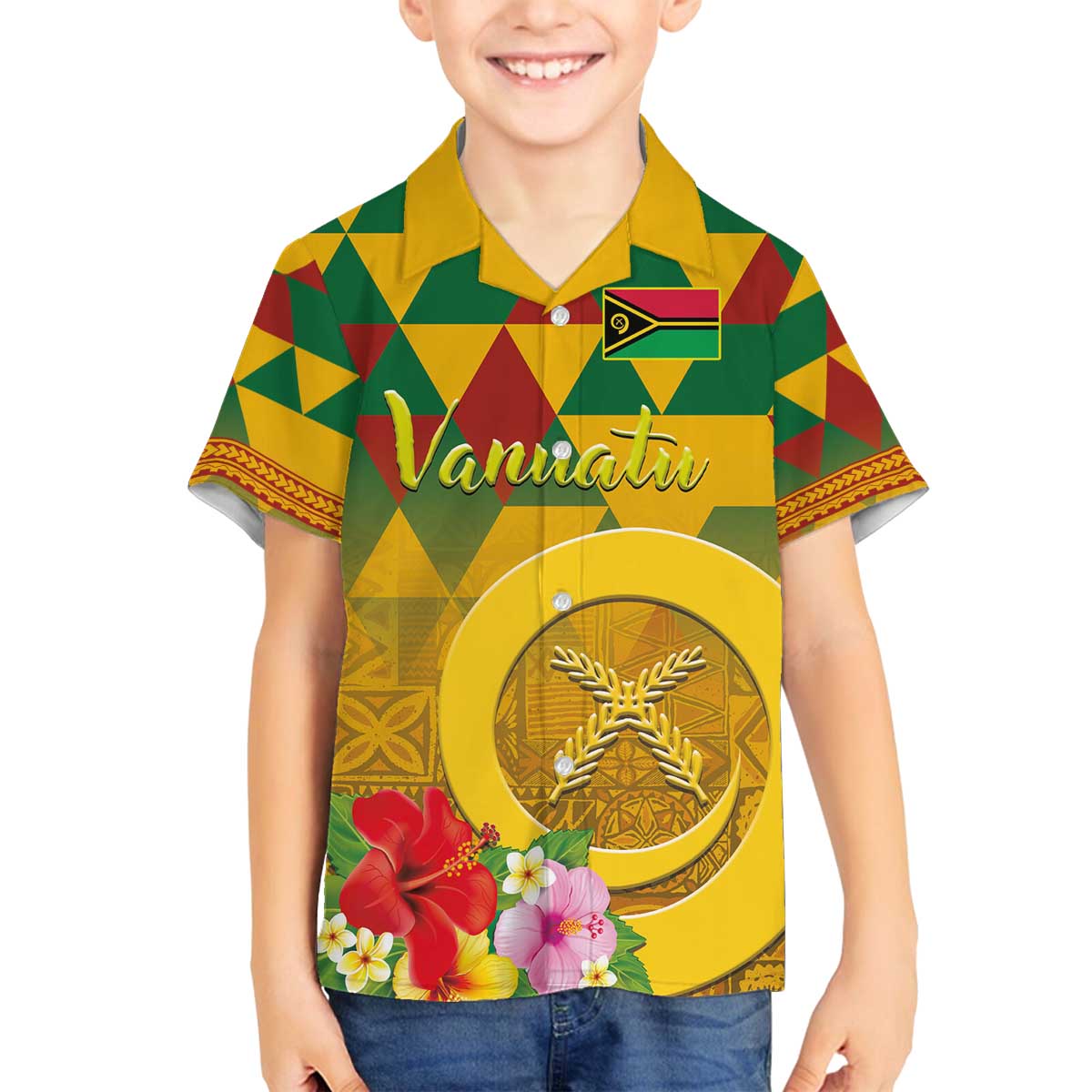 Melanesian Vanuatu Family Matching Off The Shoulder Long Sleeve Dress and Hawaiian Shirt With Tapa Tribal Pattern and Triangle Geometric Tricolor - Polynesian Pride