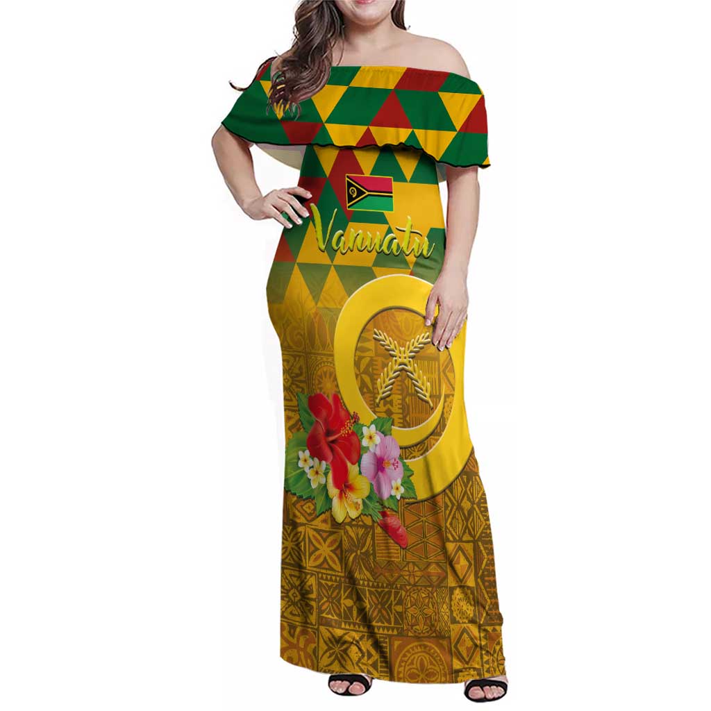 Melanesian Vanuatu Family Matching Off Shoulder Maxi Dress and Hawaiian Shirt With Tapa Tribal Pattern and Triangle Geometric Tricolor - Polynesian Pride