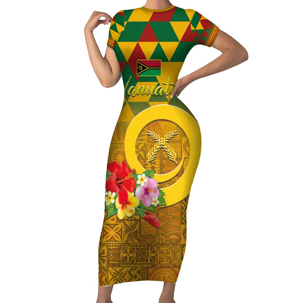 Melanesian Vanuatu Family Matching Short Sleeve Bodycon Dress and Hawaiian Shirt With Tapa Tribal Pattern and Triangle Geometric Tricolor - Polynesian Pride