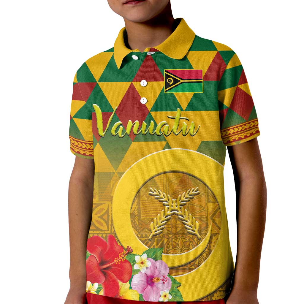 Melanesian Vanuatu Kid Polo Shirt With Tapa Tribal Pattern and Triangle Geometric Tricolor - Polynesian Pride