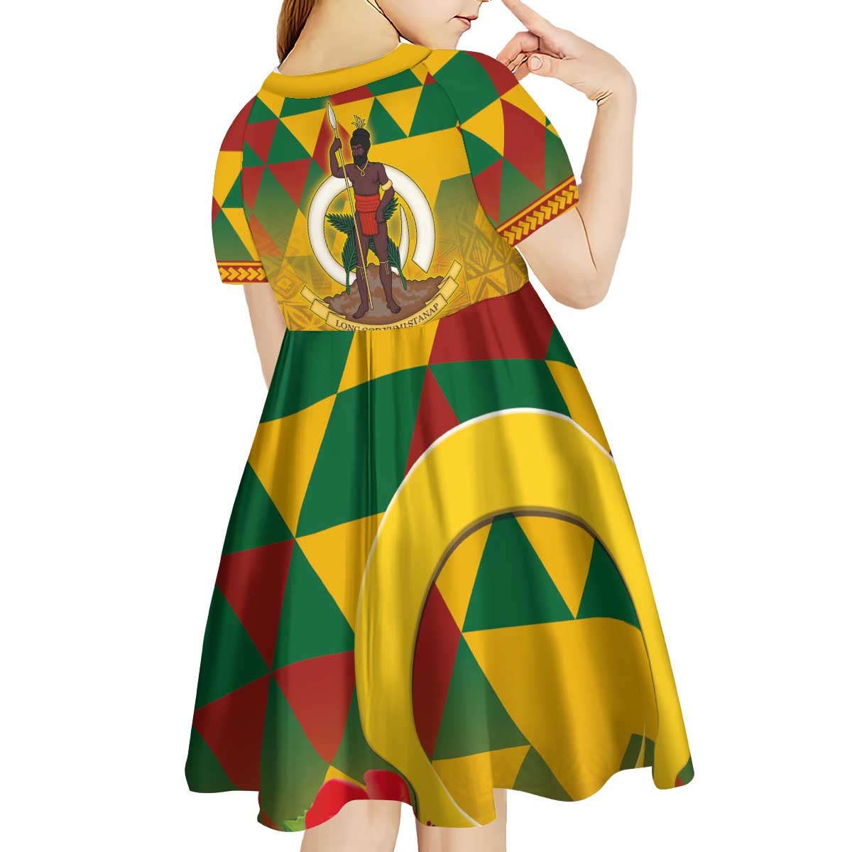 Melanesian Vanuatu Kid Short Sleeve Dress With Tapa Tribal Pattern and Triangle Geometric Tricolor - Polynesian Pride