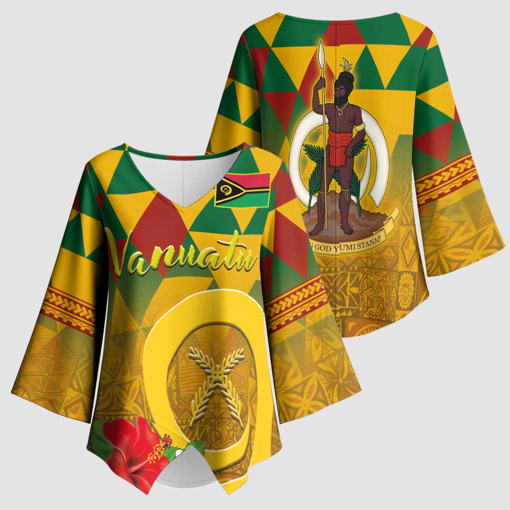 Melanesian Vanuatu Kimono Sleeve Blouse With Tapa Tribal Pattern and Triangle Geometric Tricolor - Polynesian Pride