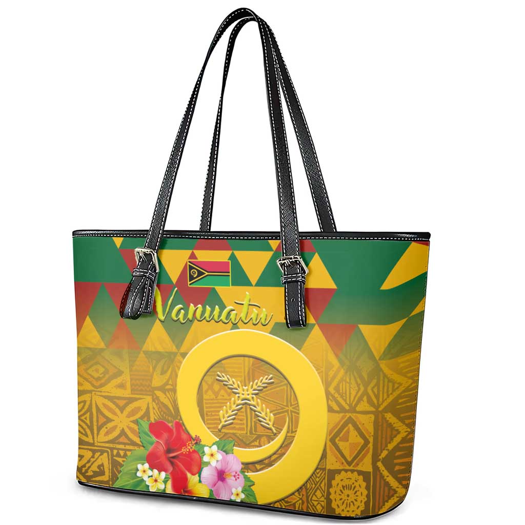 Melanesian Vanuatu Leather Tote Bag With Tapa Tribal Pattern and Triangle Geometric Tricolor - Polynesian Pride