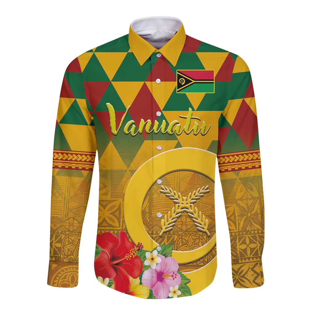 Melanesian Vanuatu Long Sleeve Button Shirt With Tapa Tribal Pattern and Triangle Geometric Tricolor - Polynesian Pride