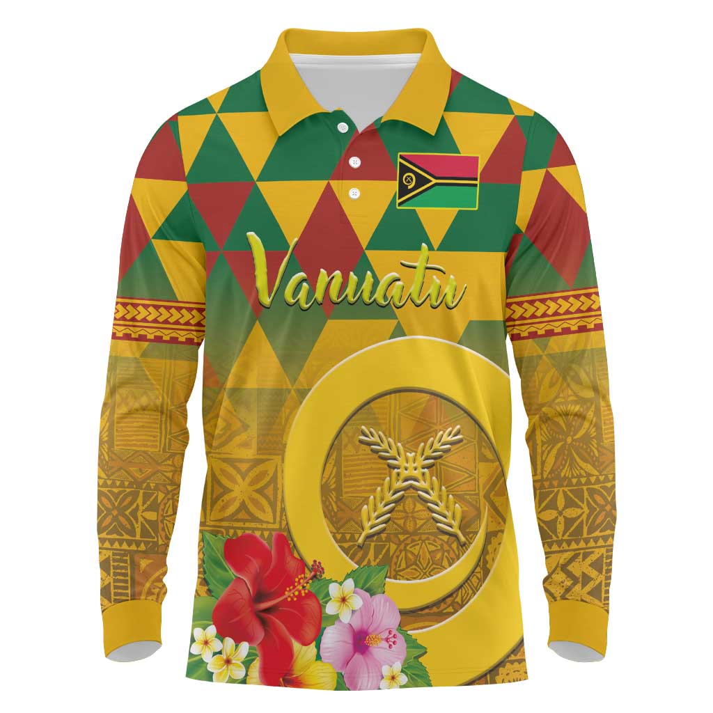 Melanesian Vanuatu Long Sleeve Polo Shirt With Tapa Tribal Pattern and Triangle Geometric Tricolor - Polynesian Pride