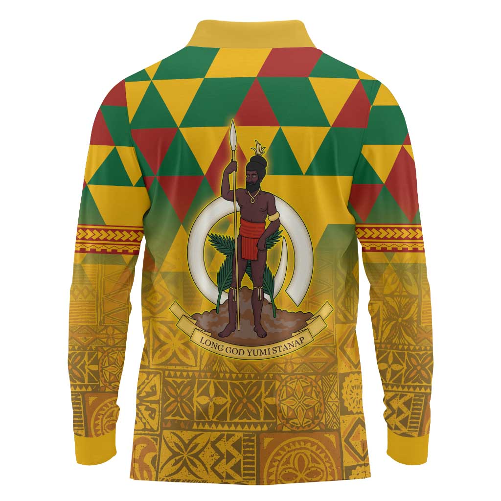 Melanesian Vanuatu Long Sleeve Polo Shirt With Tapa Tribal Pattern and Triangle Geometric Tricolor - Polynesian Pride