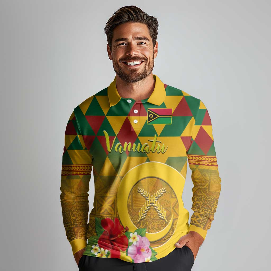 Melanesian Vanuatu Long Sleeve Polo Shirt With Tapa Tribal Pattern and Triangle Geometric Tricolor - Polynesian Pride